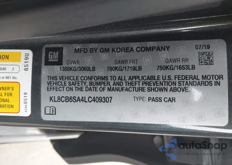 2020 Chevrolet Spark Fwd Ls Automatic z USA, uszkodzony, nr VIN KL8CB6SA4LC409307